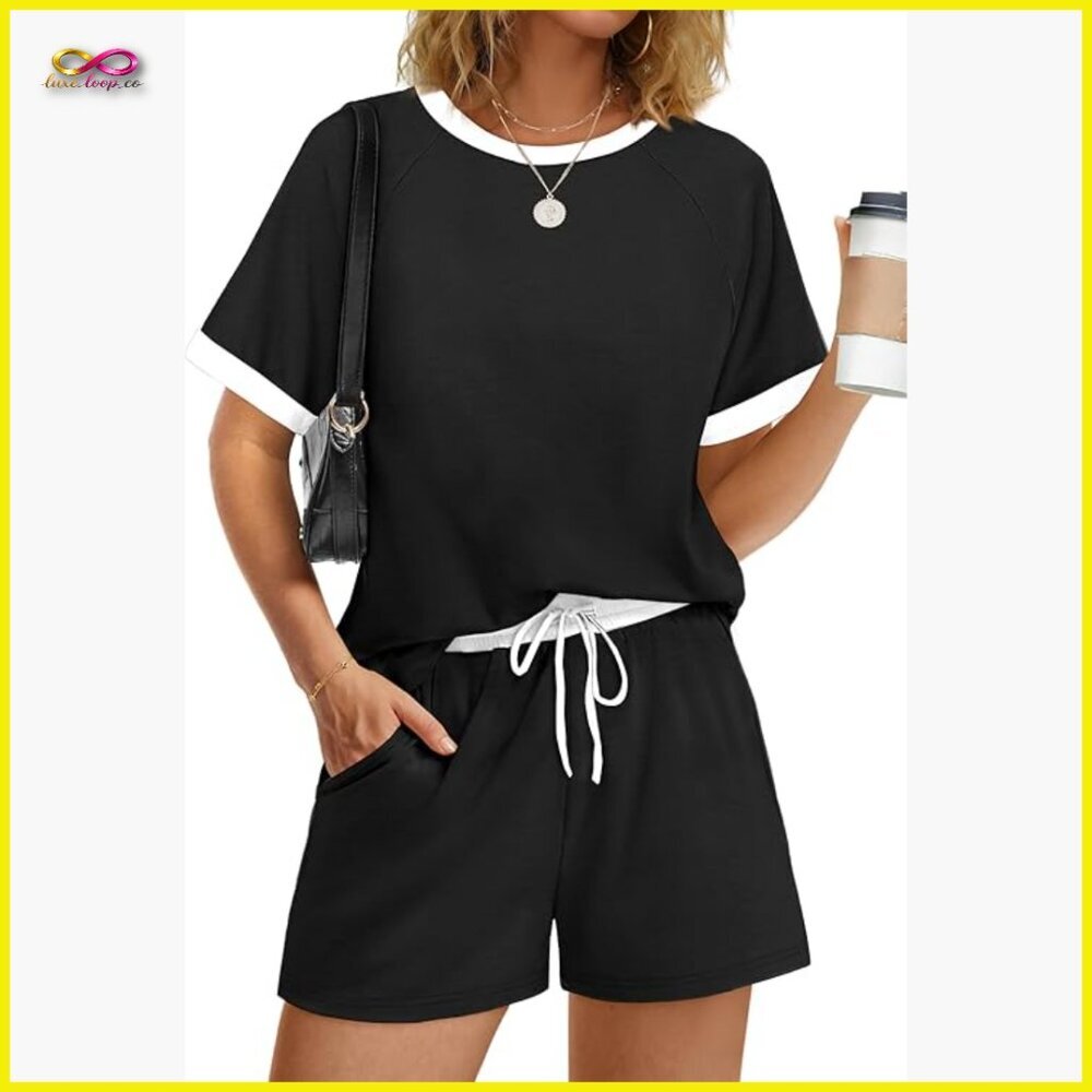 Two Piece Short Set Casual Lounge Matching Summer Outfit Crew Neck